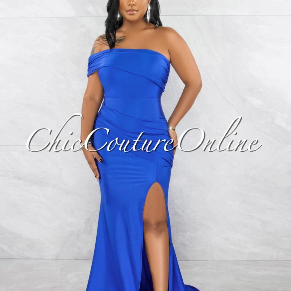 Chic Couture Online HENDER ROYAL BLUE DRAPE SINGLE SHOULDER SIDE SLIT MAXI DRES